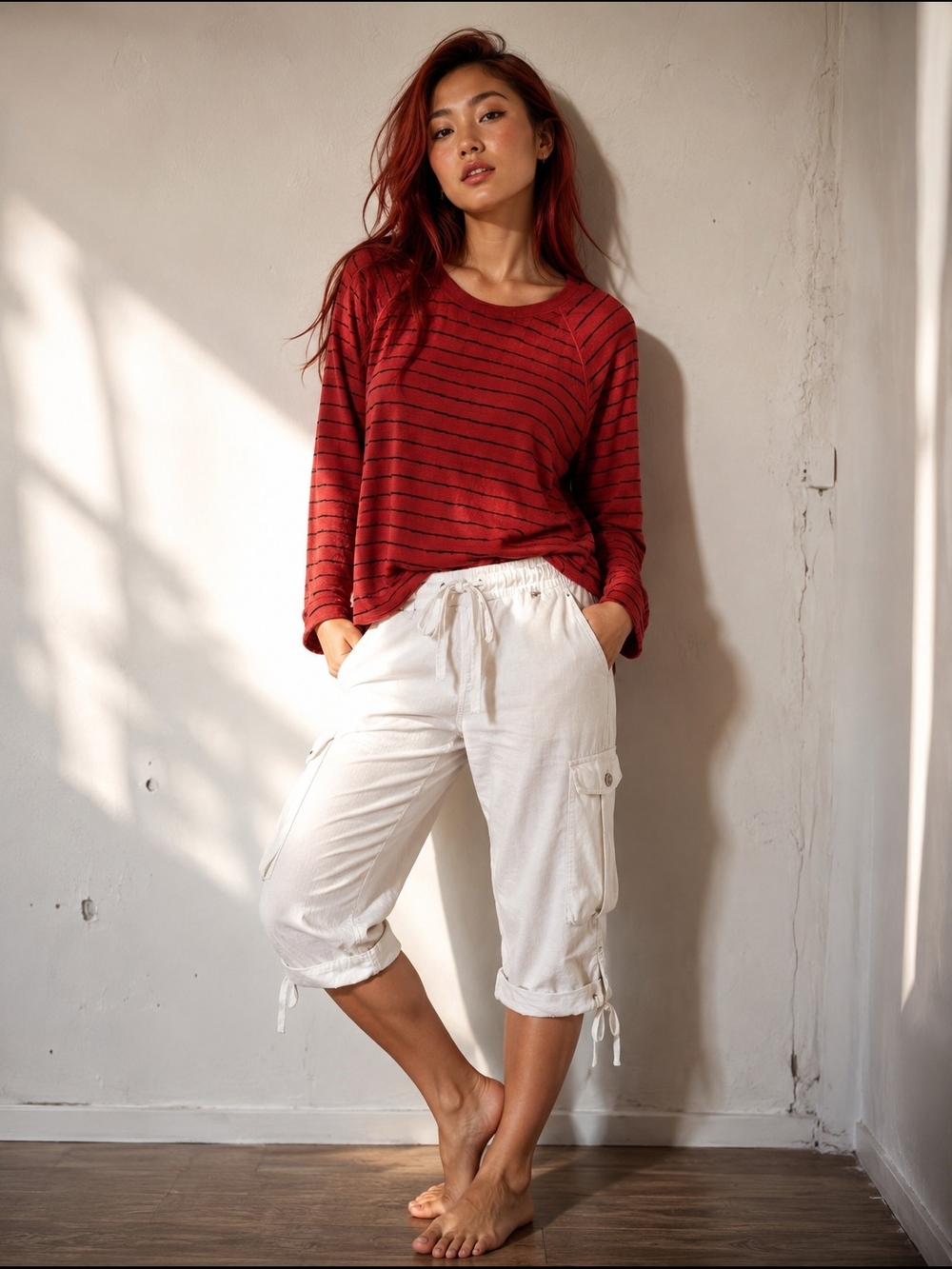 Women’s Red And Black Striped Basket Weave Raglan Long-Sleeve Knit Top